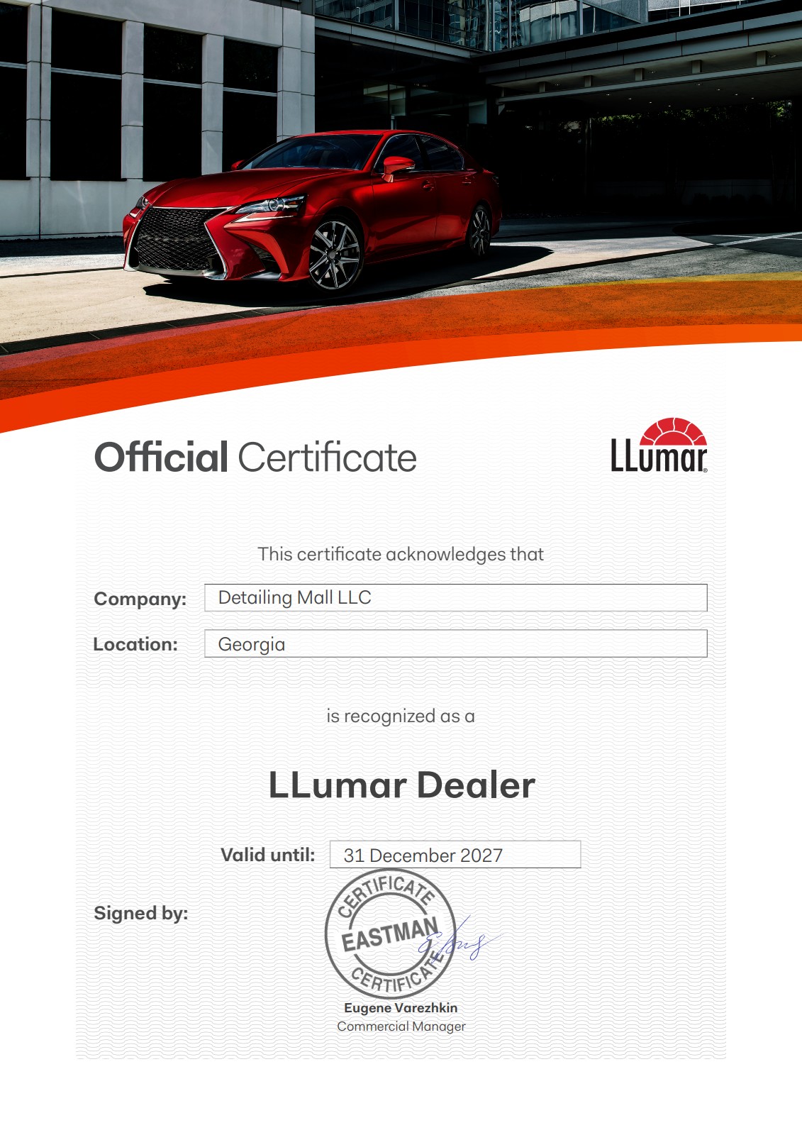 ოფიციალური დილერის სერტიფიკატი — Detailing Mall LLC
